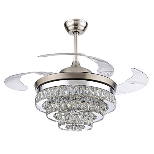 RS Lighting European Crystal Ceiling Fan-42 inch with Retractable Four Blades and Remote Control Silent Fan Chandelier for Indoor Living Bedroom-Chrome - B06Y4517PB